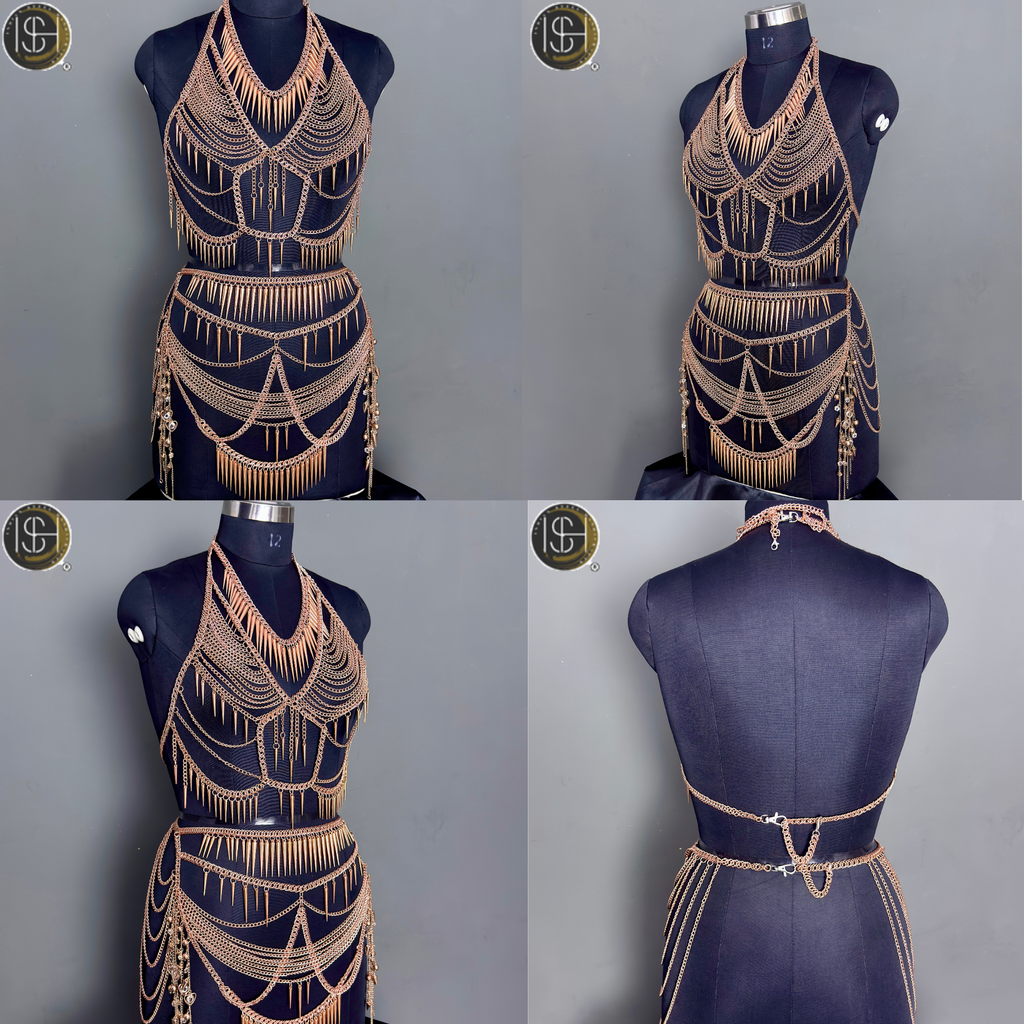 Women’s Gold Chain Body Armor Set – Fantasy Goddess Harness & Chain Skirt | Gothic & Festival Wear