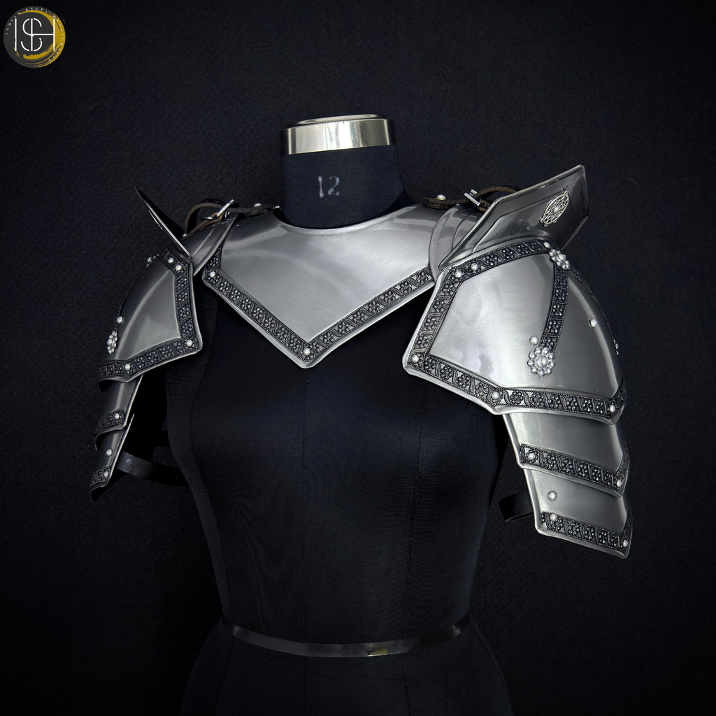Steel Knight Shoulder Armor with Black Trim – Renaissance Gorget & Pauldron Costume.