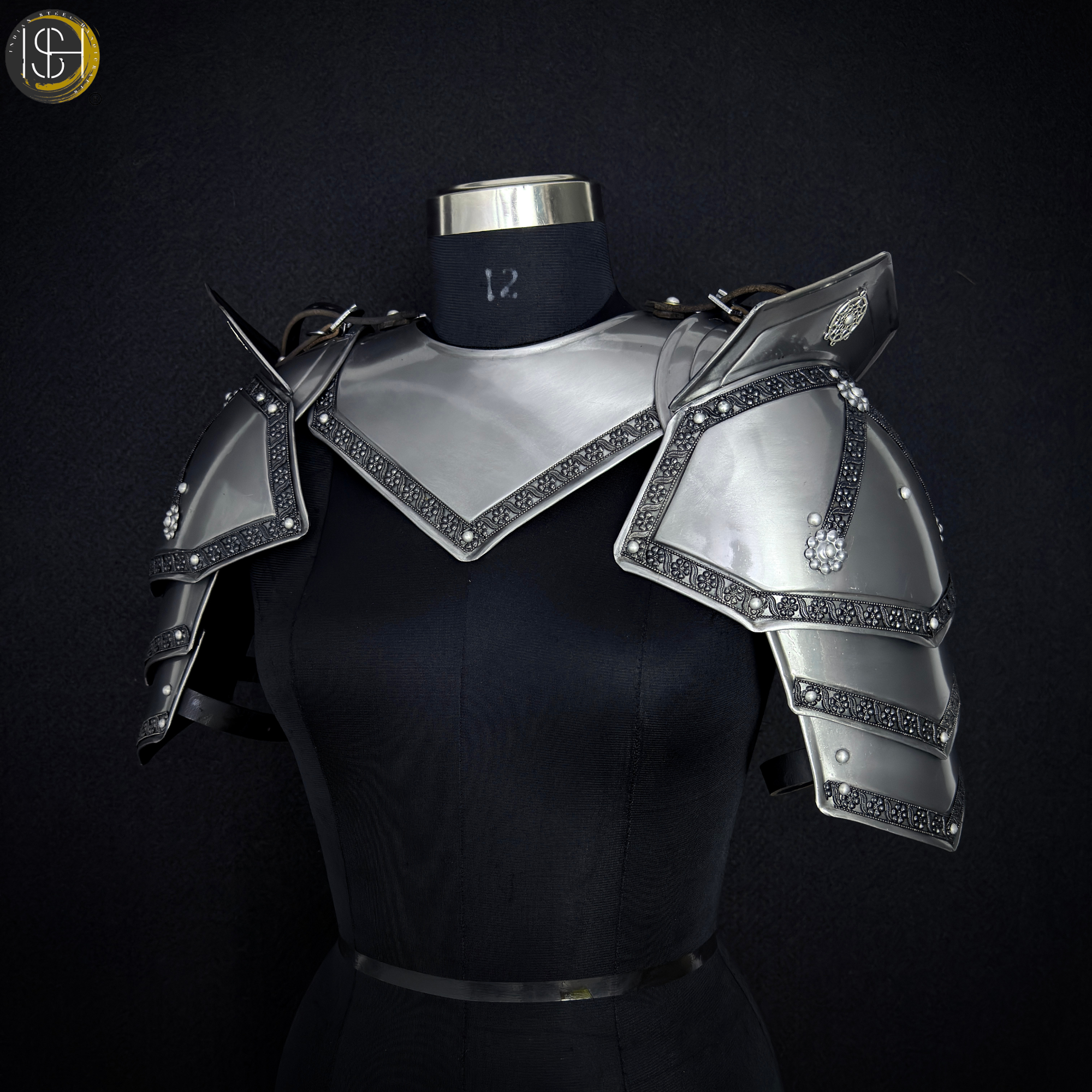 Steel Knight Shoulder Armor with Black Trim – Renaissance Gorget & Pauldron Costume.