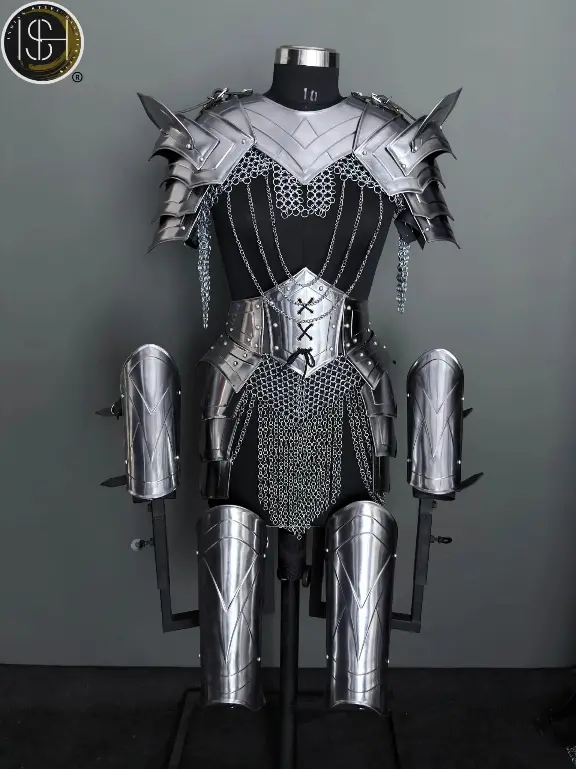 Elite Female Knight Armor Set – Handcrafted Medieval Steel Suit with Chainmail, Shoulder & Gorget Armor, Bracers, Belt with Tassets, and Leg Guards | Artisan-Forged Warrior Armor by ISH Collection ISH Collection