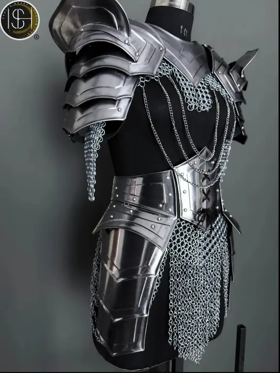 Elite Female Knight Armor Set – Handcrafted Medieval Steel Suit with Chainmail, Shoulder & Gorget Armor, Bracers, Belt with Tassets, and Leg Guards | Artisan-Forged Warrior Armor by ISH Collection ISH Collection