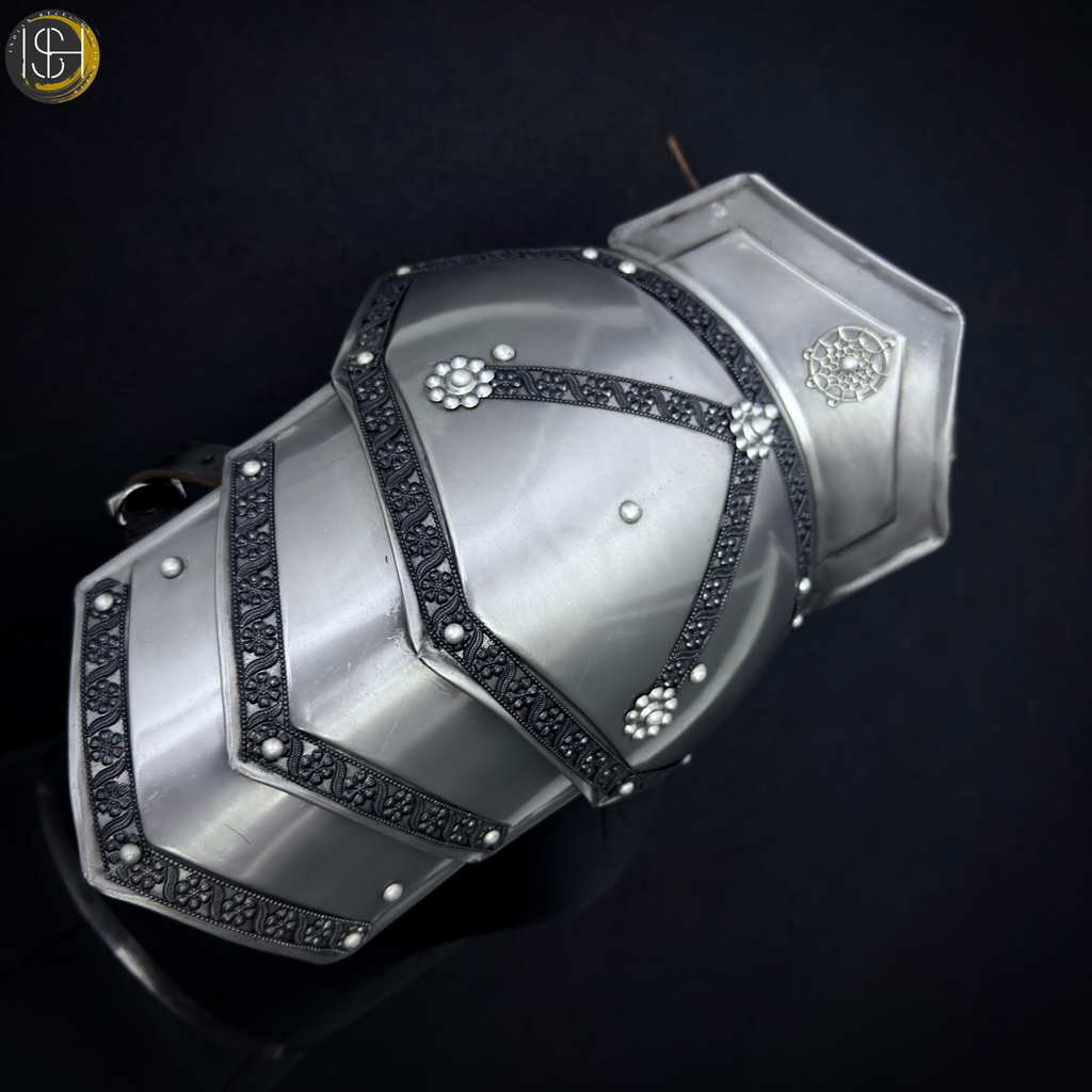 Steel Knight Shoulder Armor with Black Trim – Renaissance Gorget & Pauldron Costume.