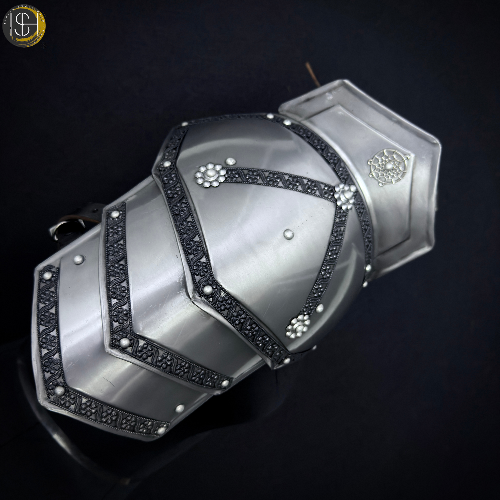 Steel Knight Shoulder Armor with Black Trim – Renaissance Gorget & Pauldron Costume.