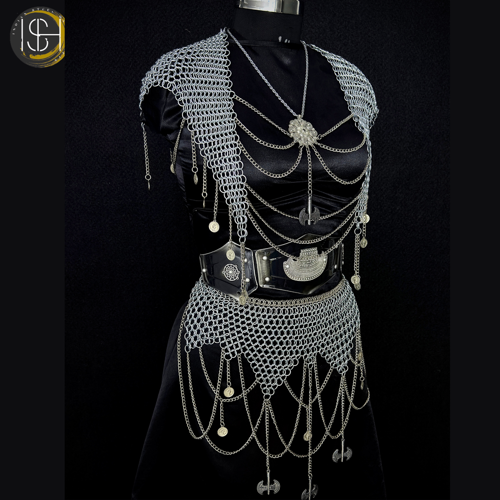 Chainmail Body Harness & Skirt Set – Handmade Steel Ring Armor Outfit for Cosplay, LARP, Renaissance Festival & Medieval Costume,