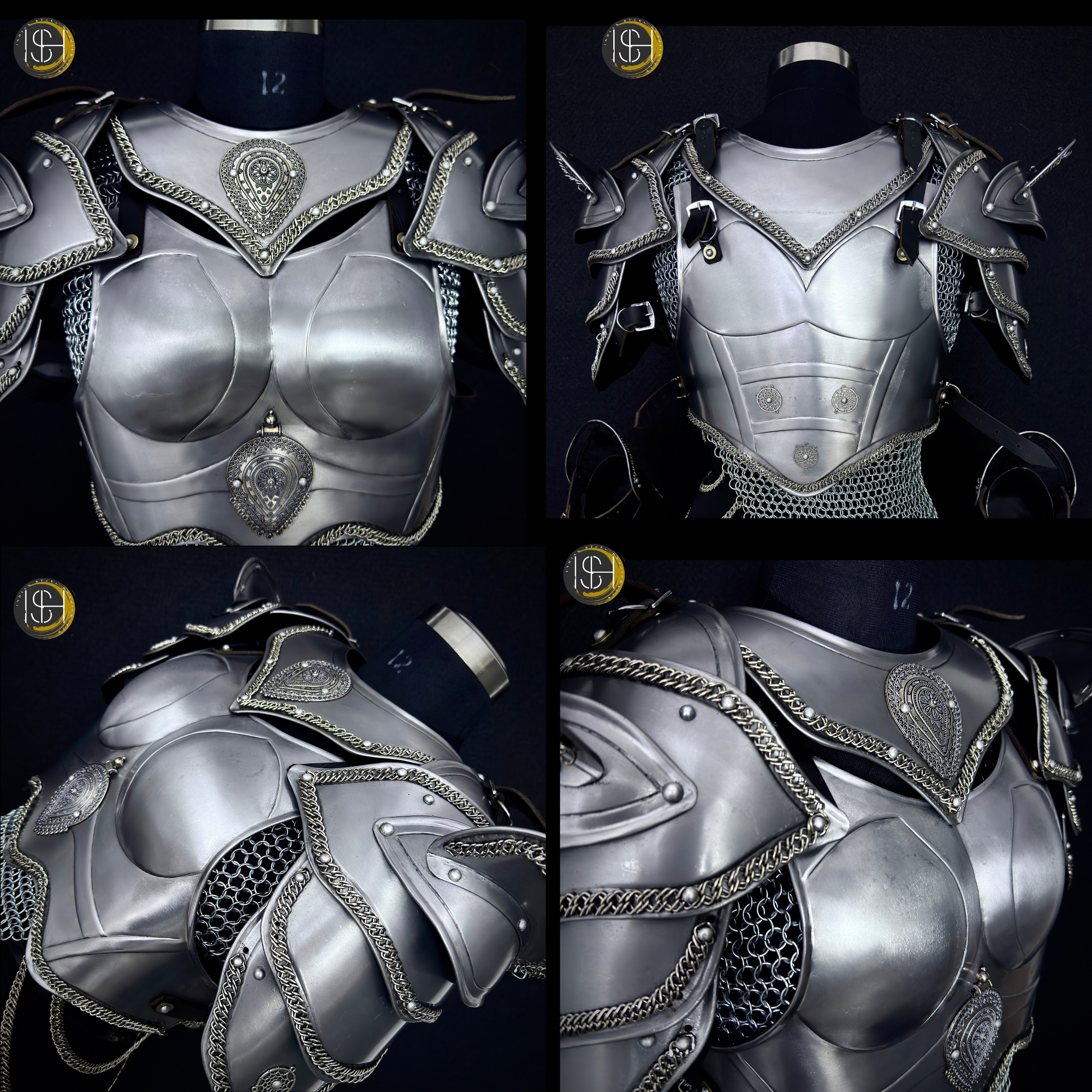 Brave Lady Medieval Steel Armor Set with Chainmail Top – Female Knight Armor Costume, LARP Armor, Renaissance Festival Outfit, Cosplay Warrior Armor, Historical Reenactment Gear.