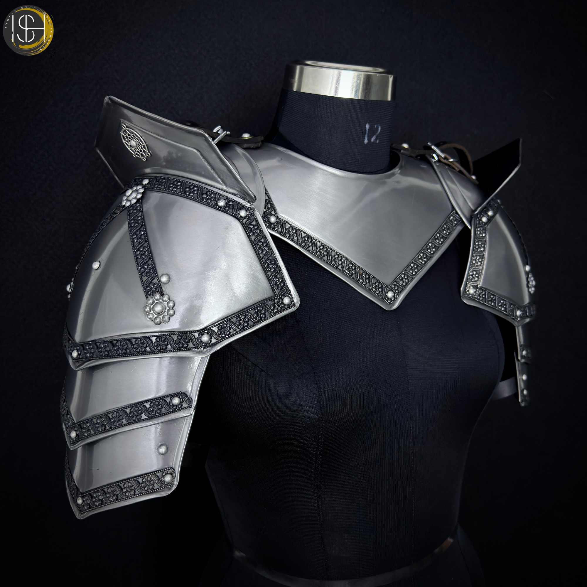 Steel Knight Shoulder Armor with Black Trim – Renaissance Gorget & Pauldron Costume.