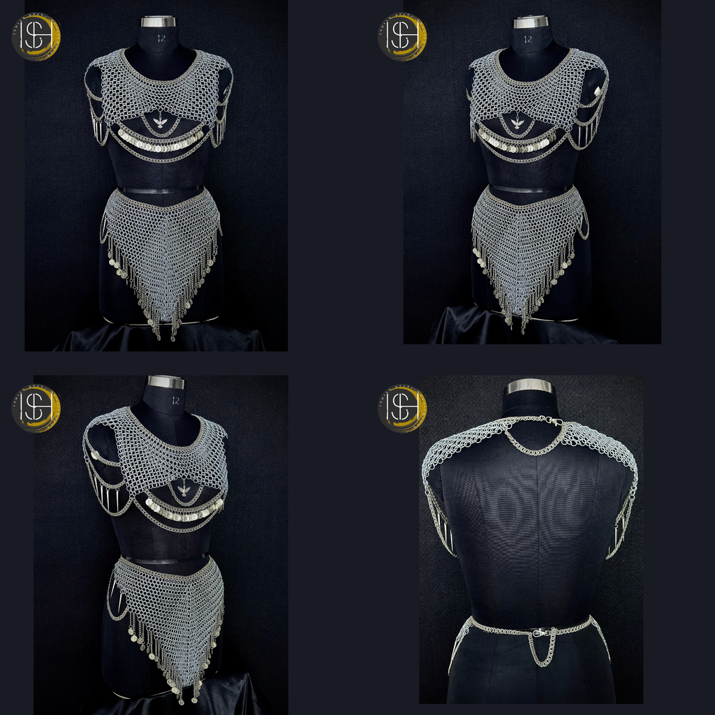 Medieval Women’s Steel Armor Set – Chainmail Skirt Lady Knight Costume.