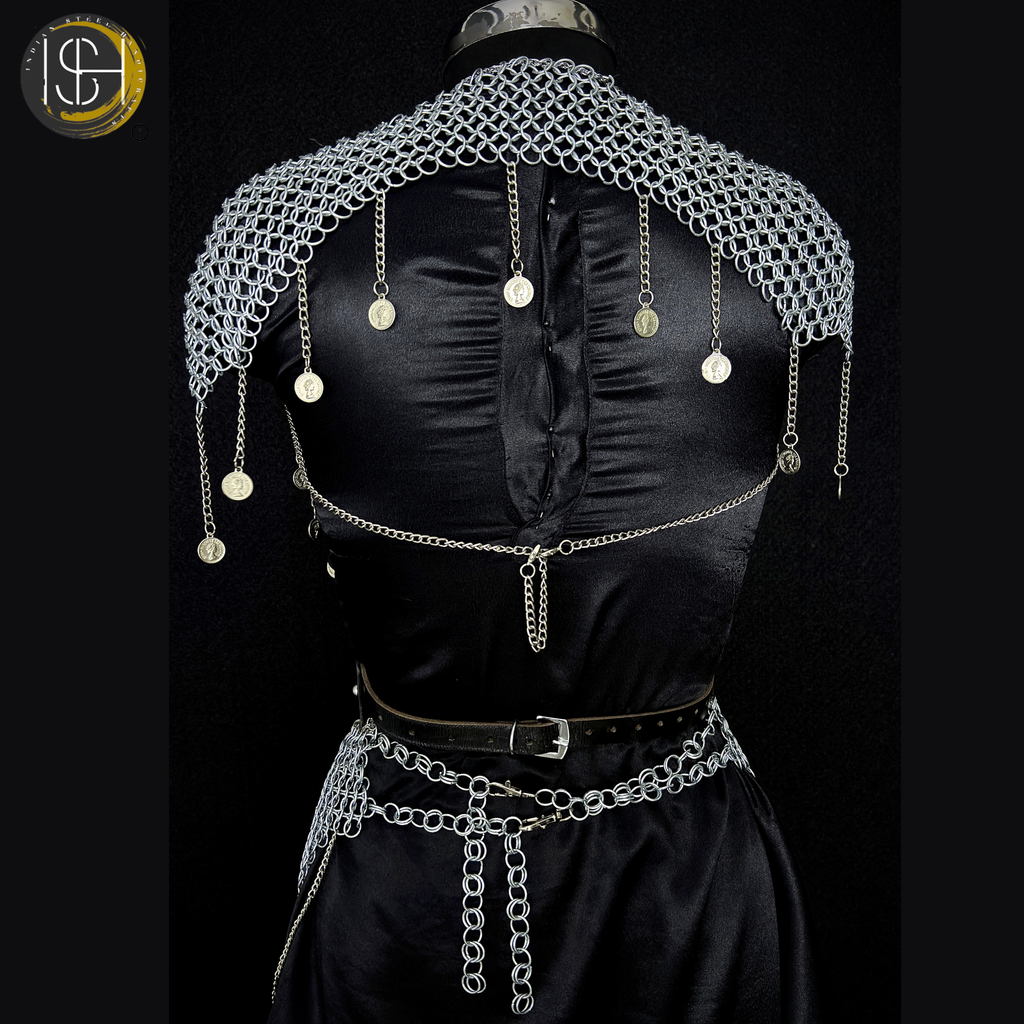 Chainmail Body Harness & Skirt Set – Handmade Steel Ring Armor Outfit for Cosplay, LARP, Renaissance Festival & Medieval Costume,
