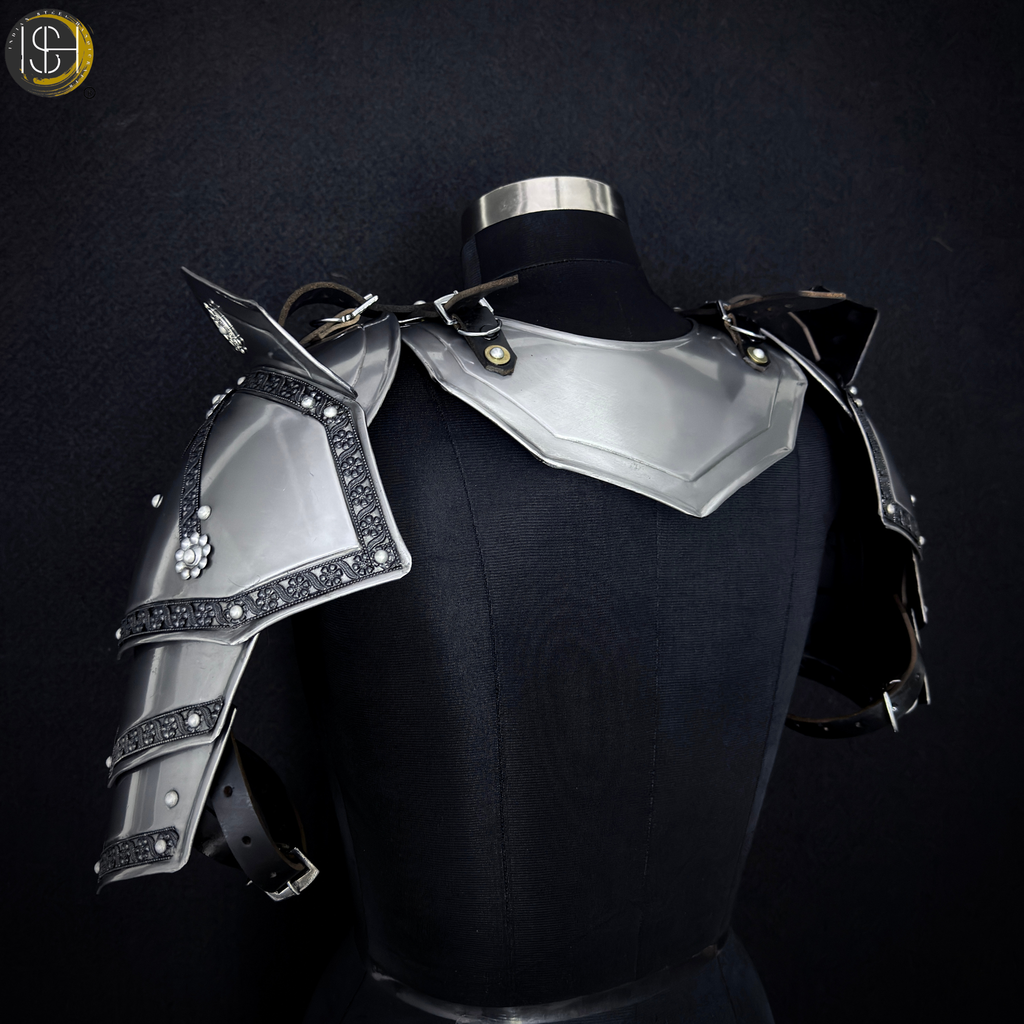 Steel Knight Shoulder Armor with Black Trim – Renaissance Gorget & Pauldron Costume.