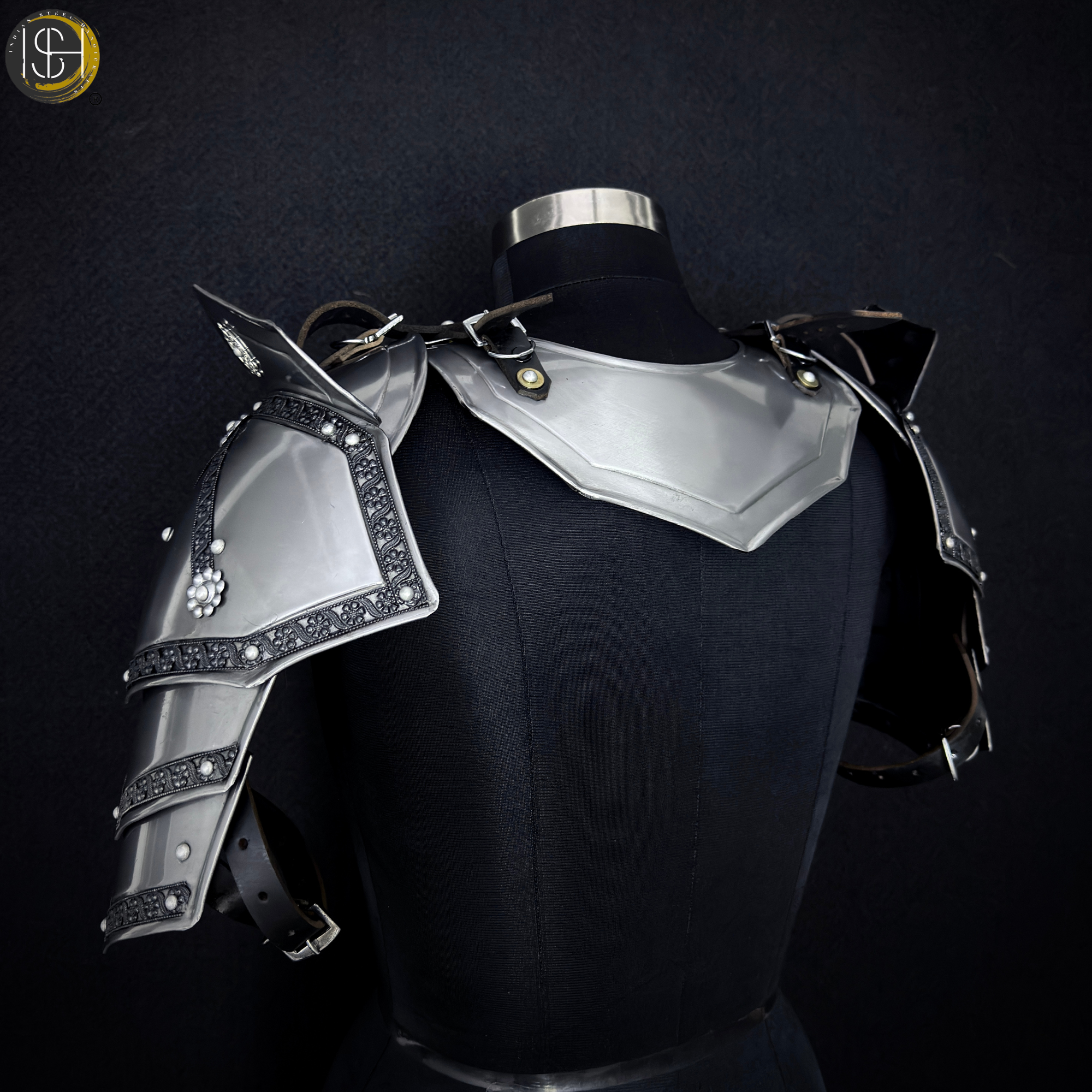 Steel Knight Shoulder Armor with Black Trim – Renaissance Gorget & Pauldron Costume.