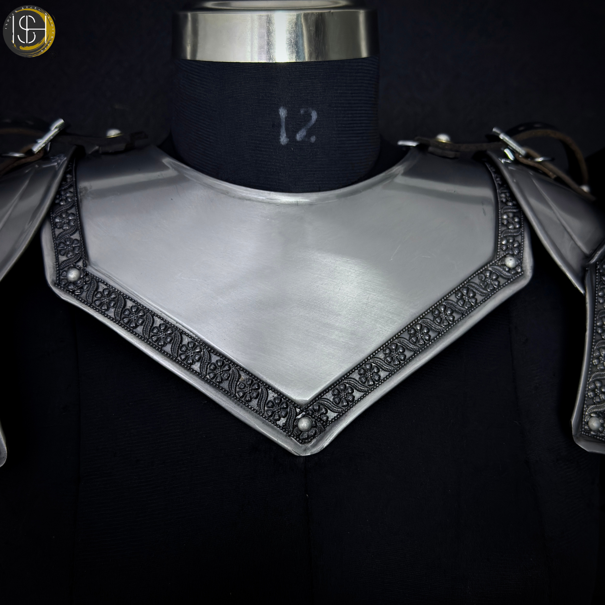 Steel Knight Shoulder Armor with Black Trim – Renaissance Gorget & Pauldron Costume.