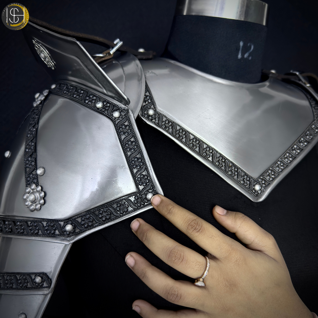 Steel Knight Shoulder Armor with Black Trim – Renaissance Gorget & Pauldron Costume.