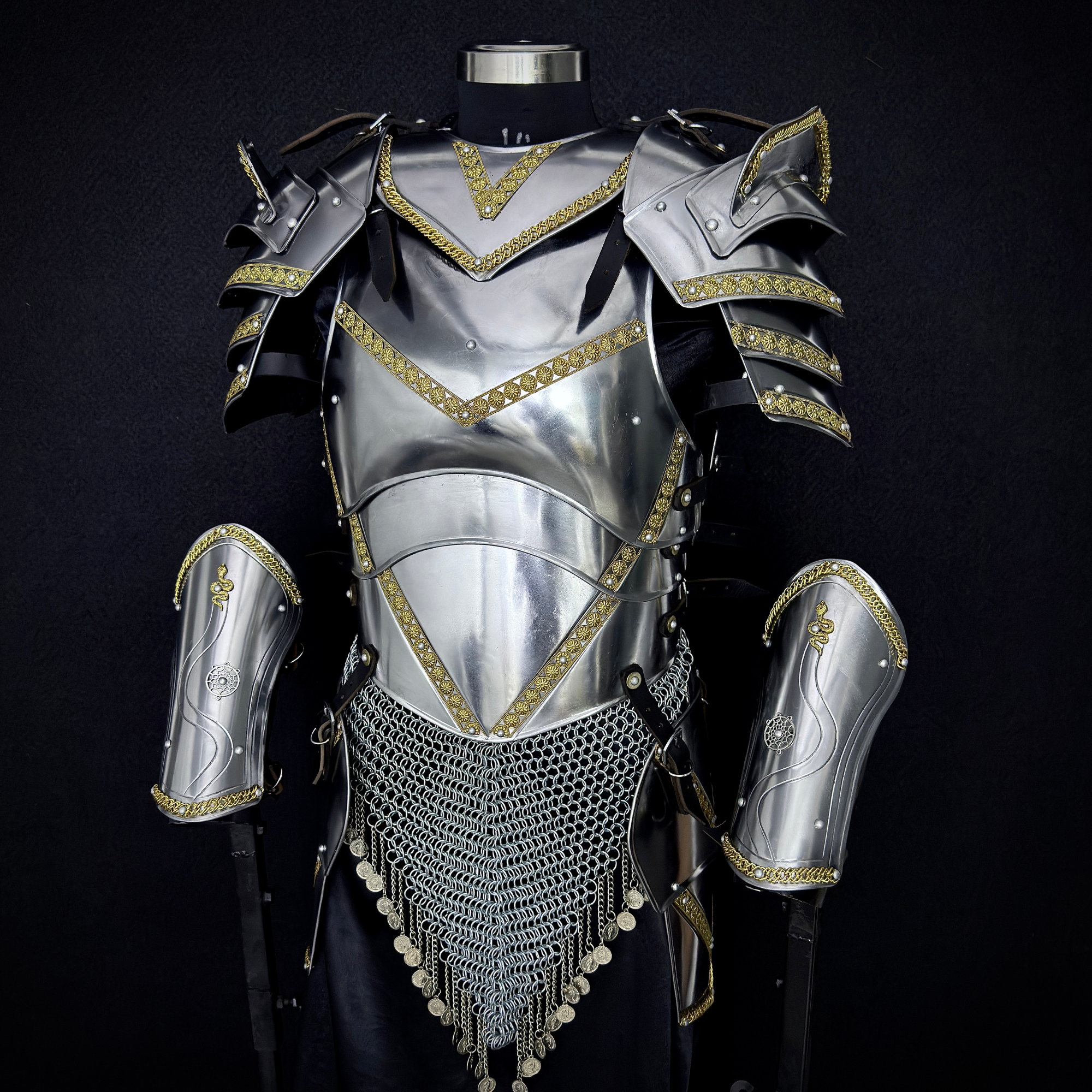 Full Body Medieval Knight Armor Suit – Gothic Steel Plate Armor with Gold Trim, LARP, Cosplay, Renaissance Costume