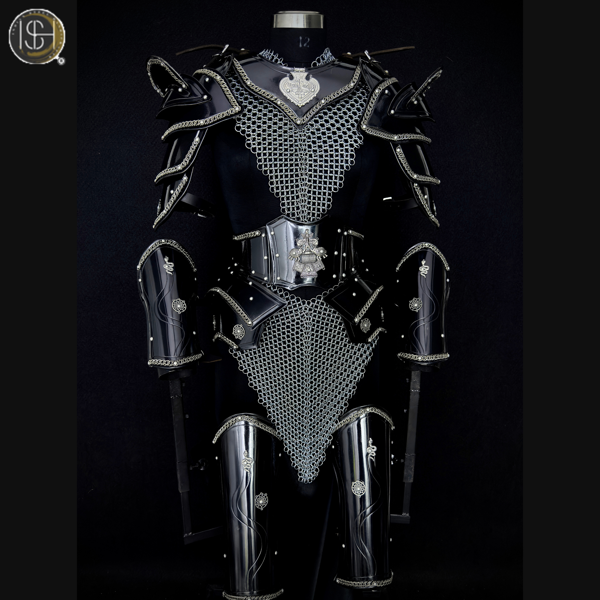 Women's Medieval Black Steel Armor Set with Chainmail Shoulders – Female Knight Costume, LARP Warrior Armor, Renaissance Battle Gear, Fantasy Cosplay Outfit