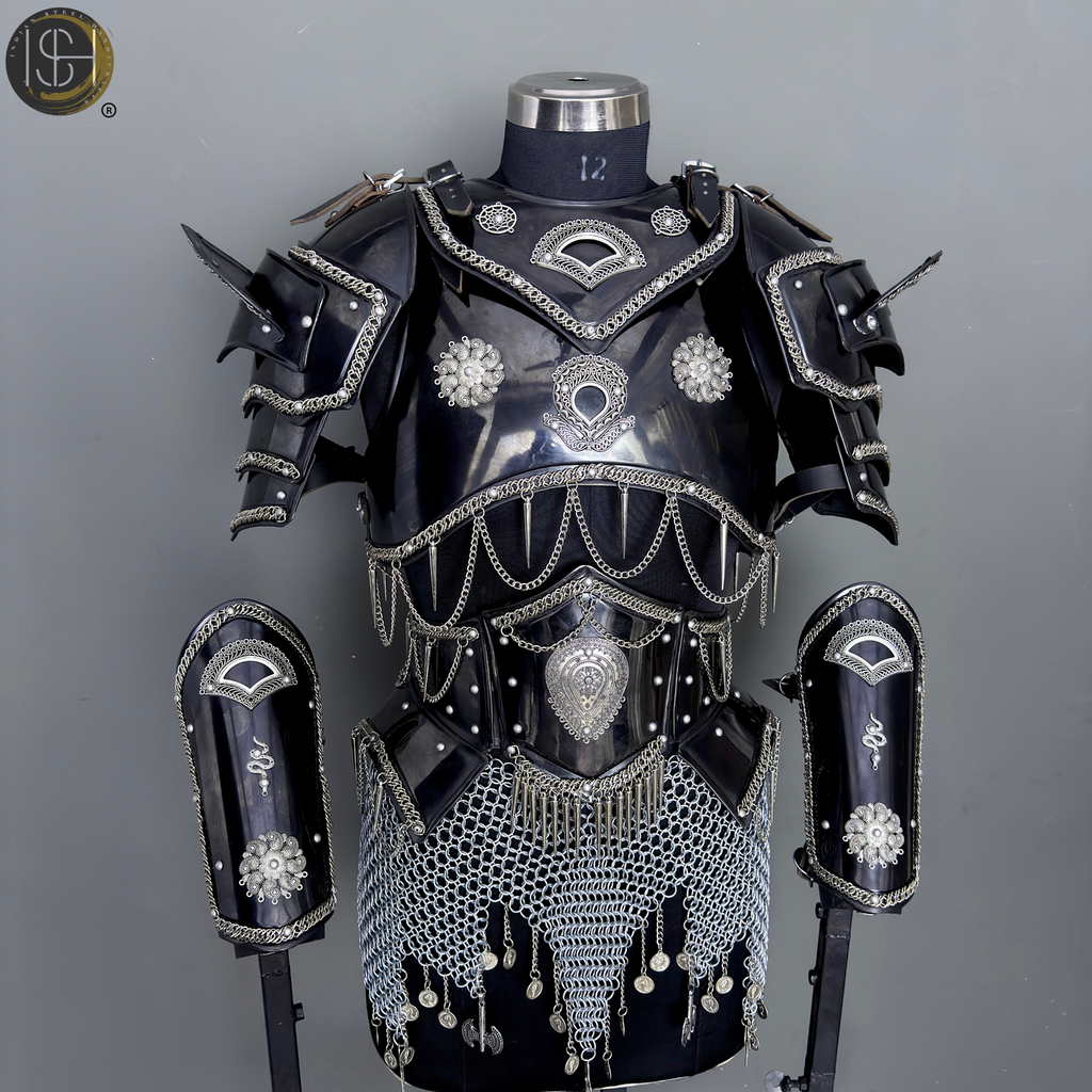 Handmade Black Steel Knight Armor Set with Chainmail – Medieval Battle Armor, Full Suit Armor Costume, Gothic Armor for LARP, Reenactment & Cosplay