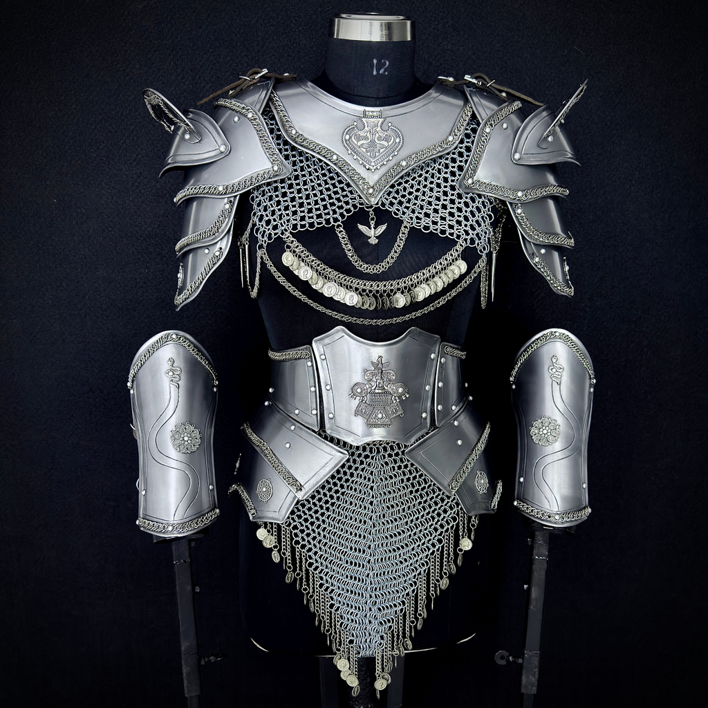 Medieval Women’s Steel Armor Set – Chainmail Skirt Lady Knight Costume.