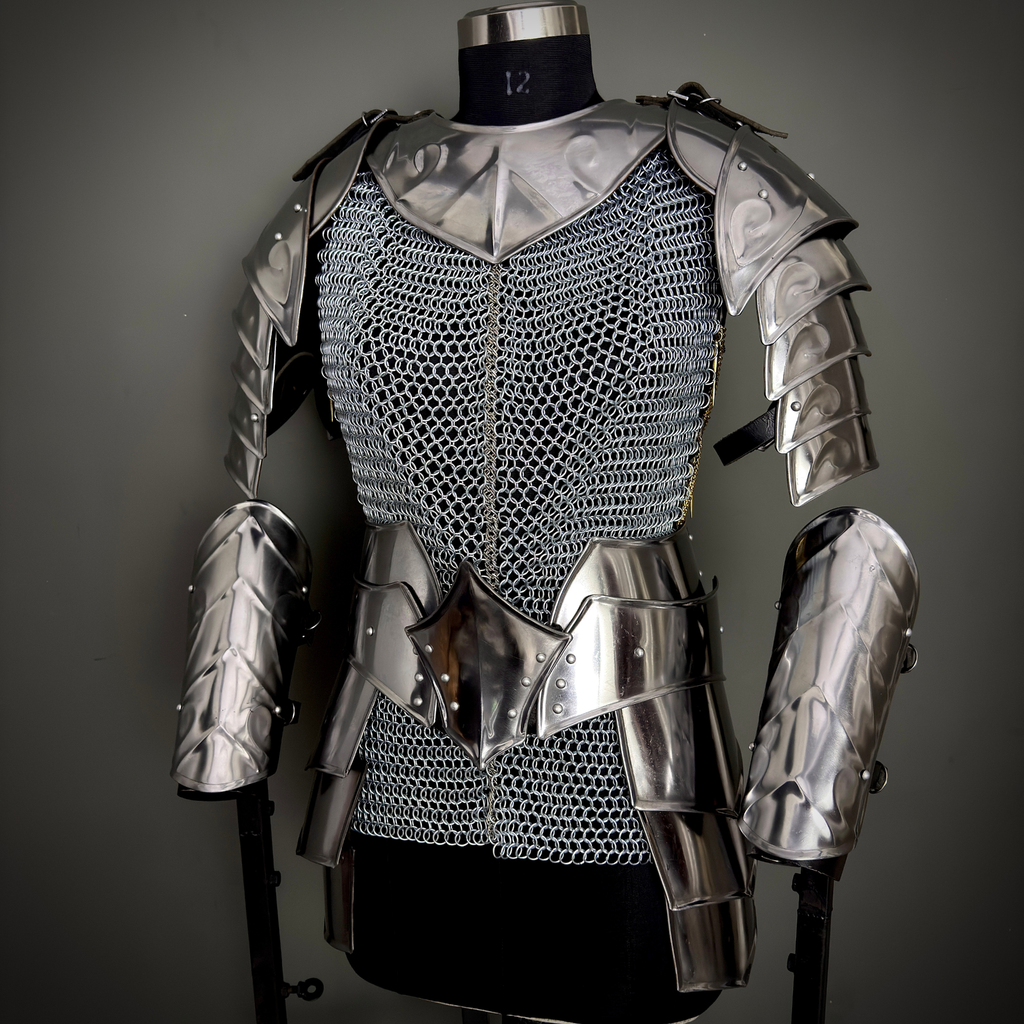 Handcrafted Steel Chainmail Armor Set – Knight’s Hauberk with Pauldrons & Arm Guards for Cosplay & LARP