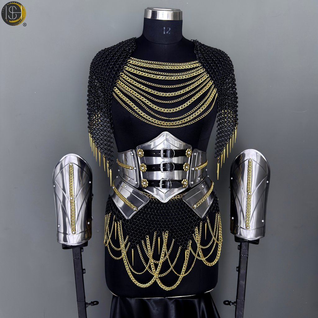 Black Gold Chainmail Armor – Medieval Knight Warrior Steel Armor Costume, LARP Outfit, Renaissance Festival Cosplay Armor, Viking Knight Costume, Halloween, Medieval Armor Suit, Handmade Steel Chainmail Gear