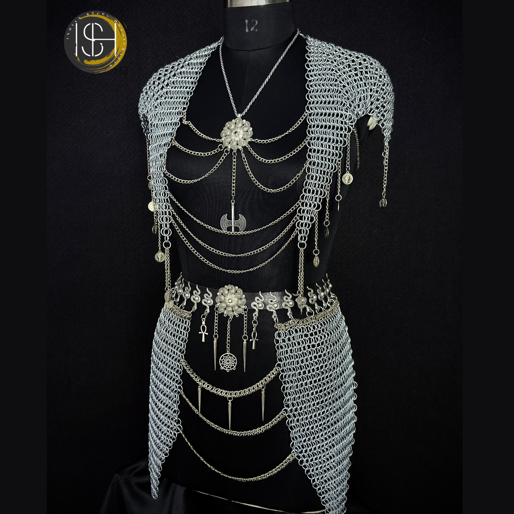 Medieval Chainmail Harness Set – Handwoven Steel Ring Armor Top & Skirt for Cosplay, LARP, Renaissance Festival