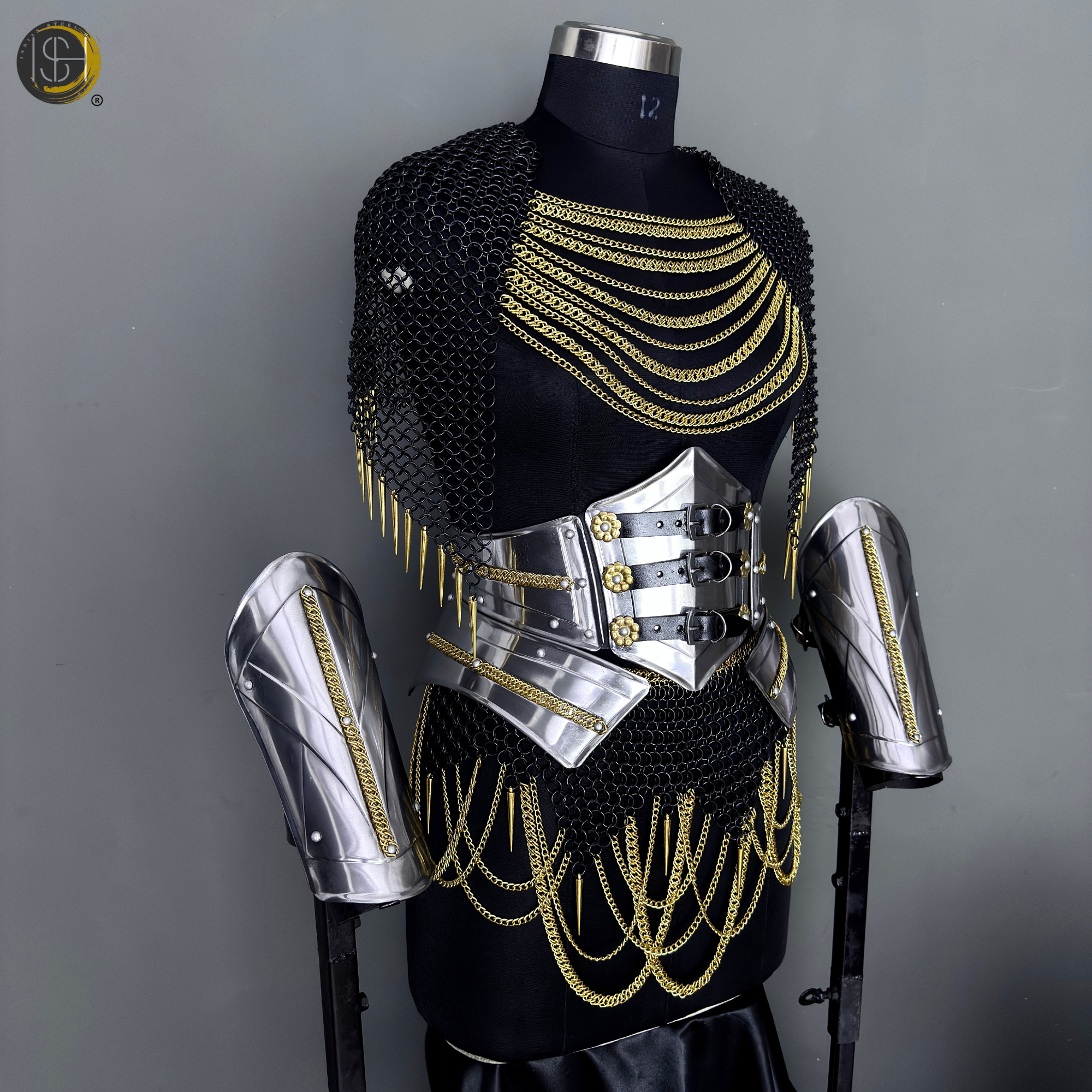 Black Gold Chainmail Armor – Medieval Knight Warrior Steel Armor Costume, LARP Outfit, Renaissance Festival Cosplay Armor, Viking Knight Costume, Halloween, Medieval Armor Suit, Handmade Steel Chainmail Gear
