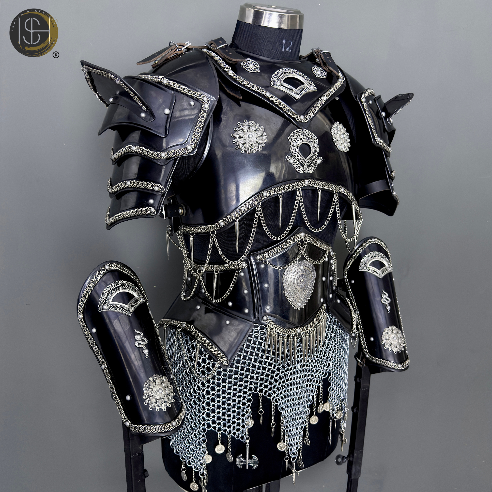 Handmade Black Steel Knight Armor Set with Chainmail – Medieval Battle Armor, Full Suit Armor Costume, Gothic Armor for LARP, Reenactment & Cosplay
