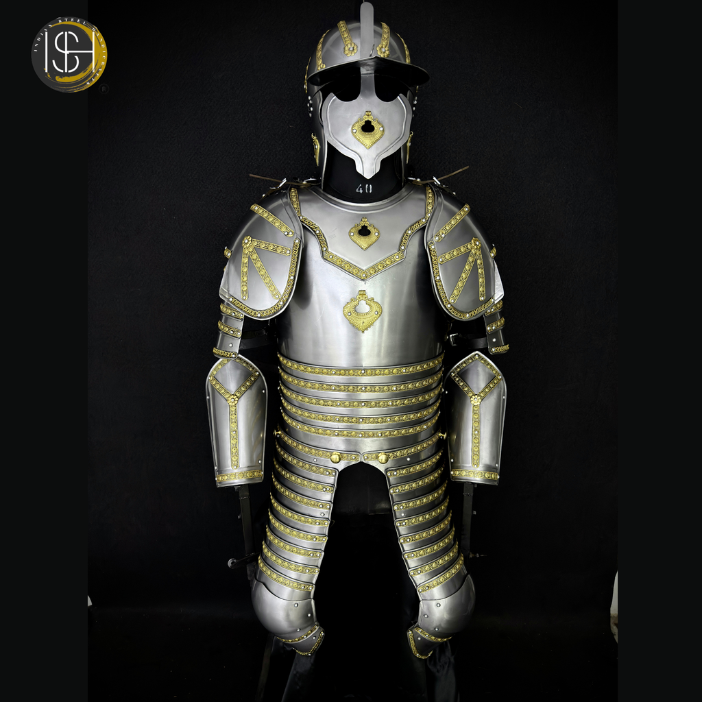 Handcrafted Steel Knight Armor Set ⚔️✨ – Full Medieval Suit with Gold Accents | LARP Gear | Cosplay Costume | Renaissance Collectible 🛡️🏰