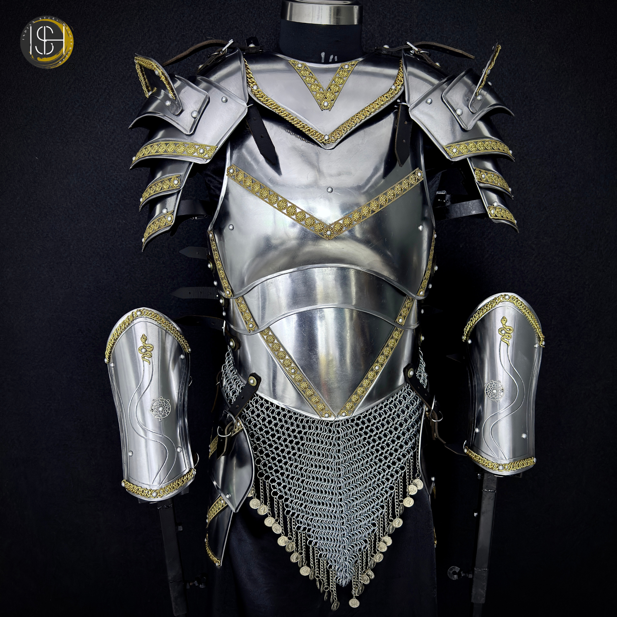 Full Body Medieval Knight Armor Suit – Gothic Steel Plate Armor with Gold Trim, LARP, Cosplay, Renaissance Costume