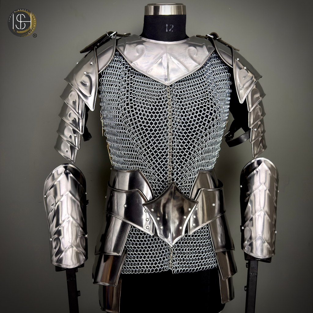 Handcrafted Steel Chainmail Armor Set – Knight’s Hauberk with Pauldrons & Arm Guards for Cosplay & LARP