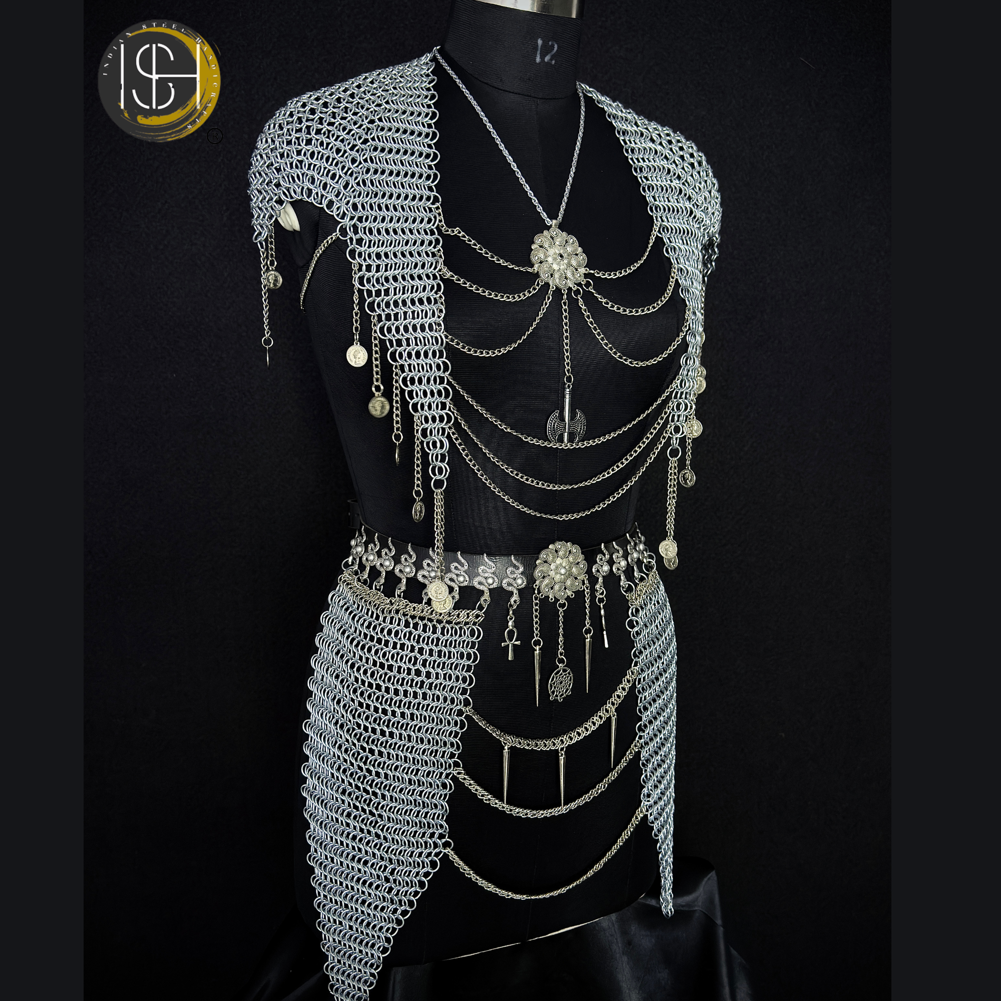 Medieval Chainmail Harness Set – Handwoven Steel Ring Armor Top & Skirt for Cosplay, LARP, Renaissance Festival