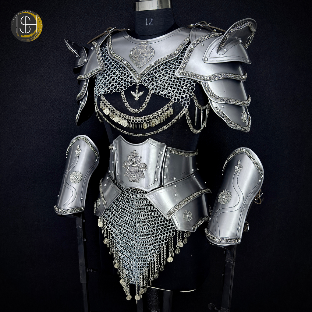 Medieval Women’s Steel Armor Set – Chainmail Skirt Lady Knight Costume.