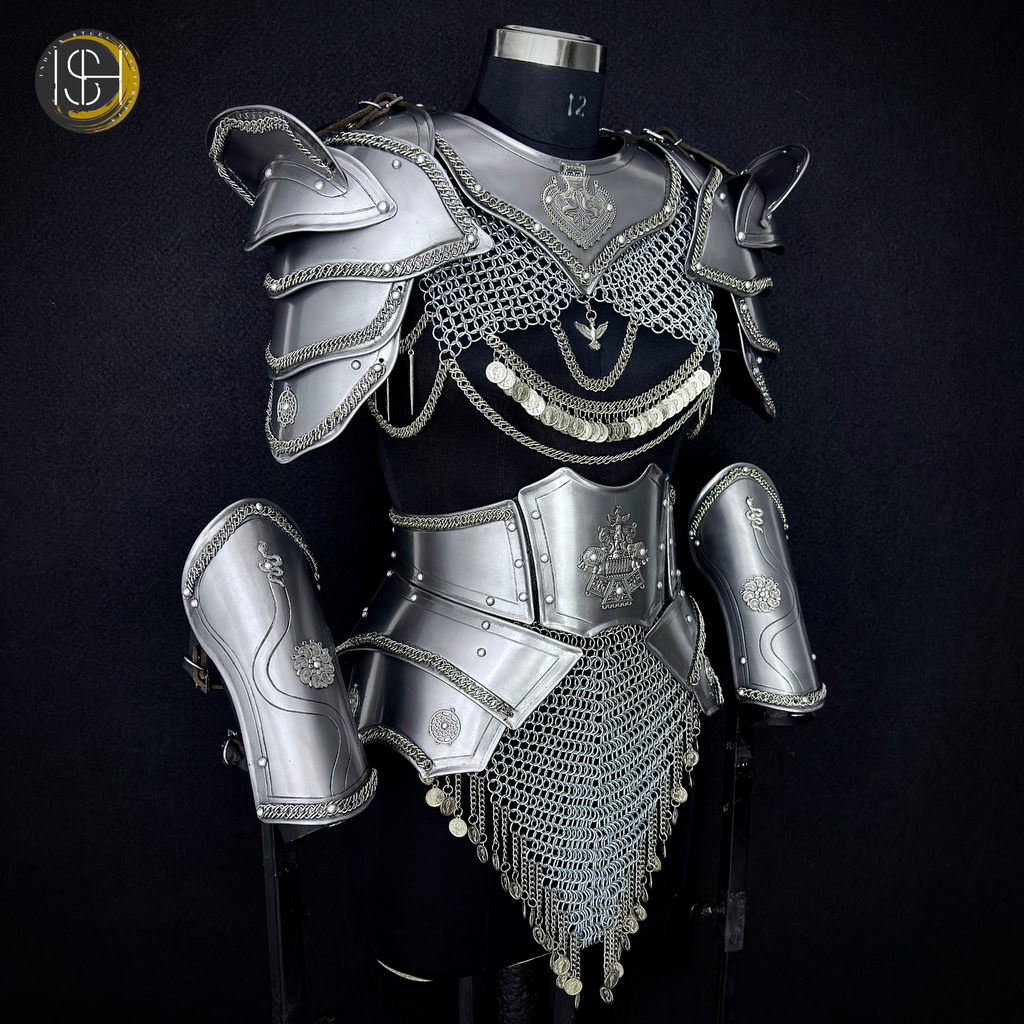 Medieval Women’s Steel Armor Set – Chainmail Skirt Lady Knight Costume.