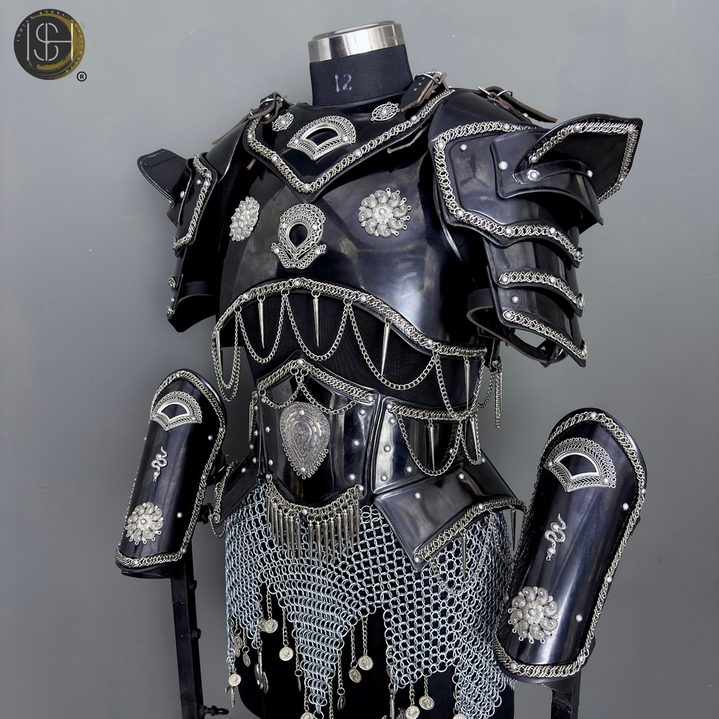 Handmade Black Steel Knight Armor Set with Chainmail – Medieval Battle Armor, Full Suit Armor Costume, Gothic Armor for LARP, Reenactment & Cosplay