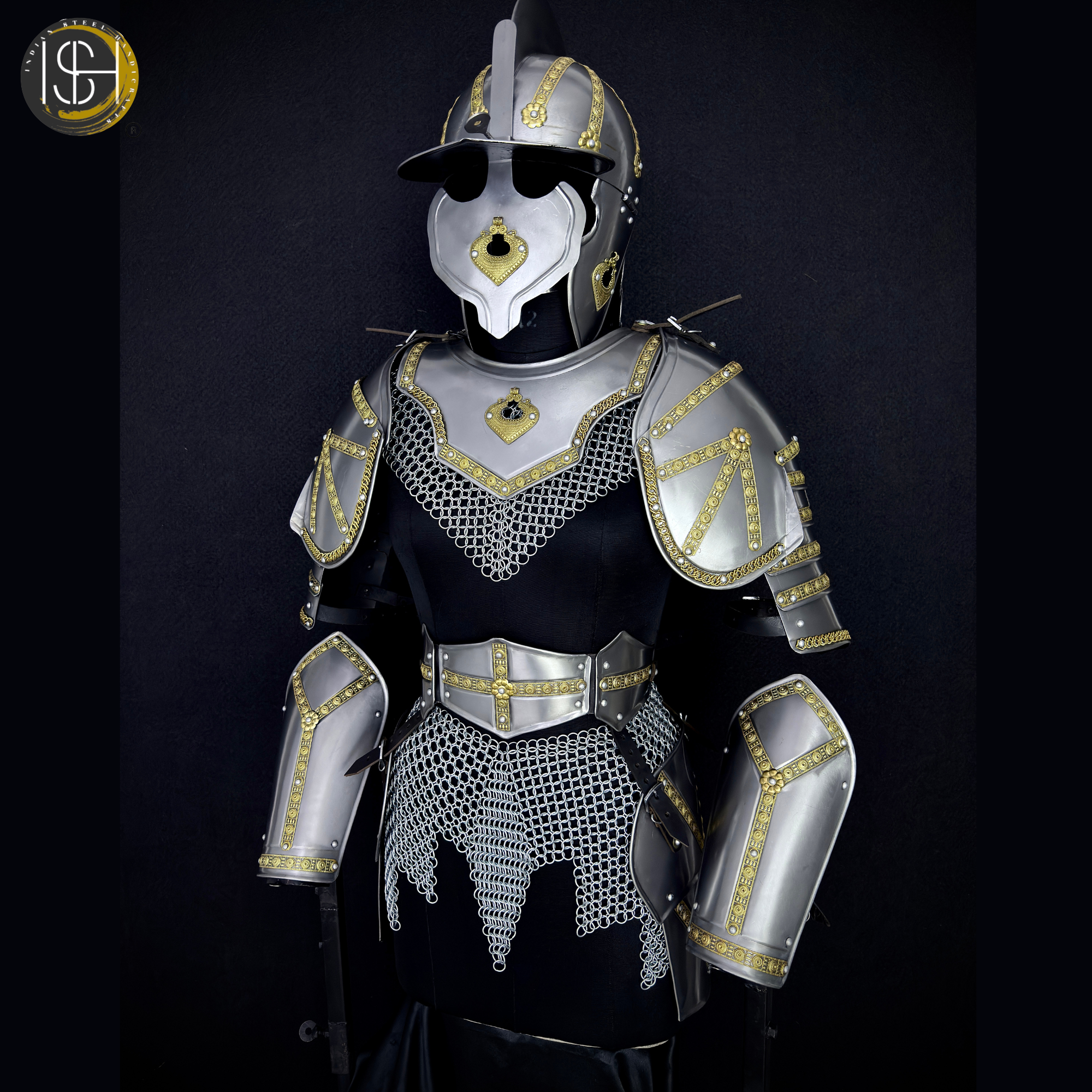 ⚔️ Handmade Steel Knight Armor Set 🛡️ Medieval Full Body Battle Suit with Gold Detailing for Cosplay, LARP & Collectors ✨