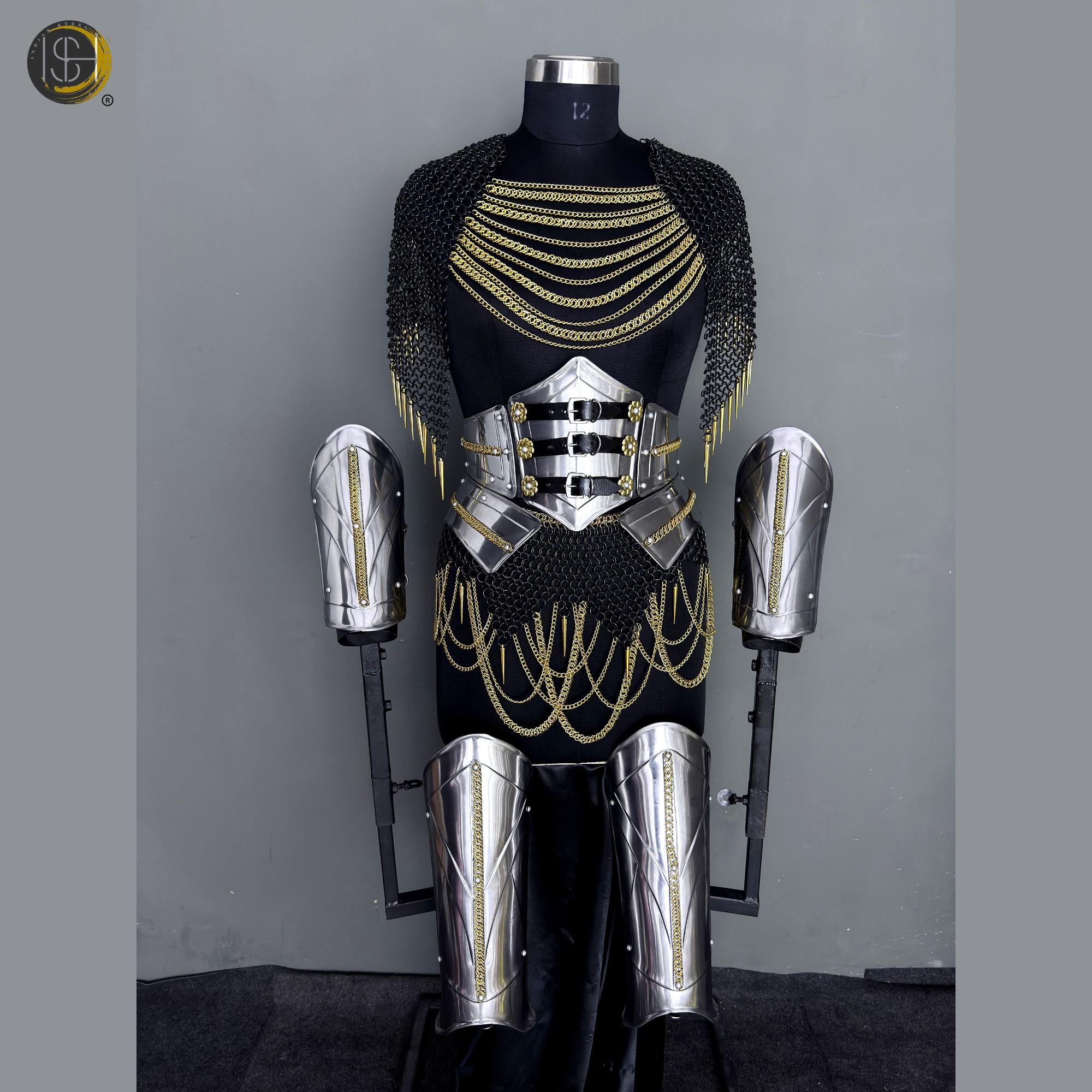 Black Gold Chainmail Armor – Medieval Knight Warrior Steel Armor Costume, LARP Outfit, Renaissance Festival Cosplay Armor, Viking Knight Costume, Halloween, Medieval Armor Suit, Handmade Steel Chainmail Gear