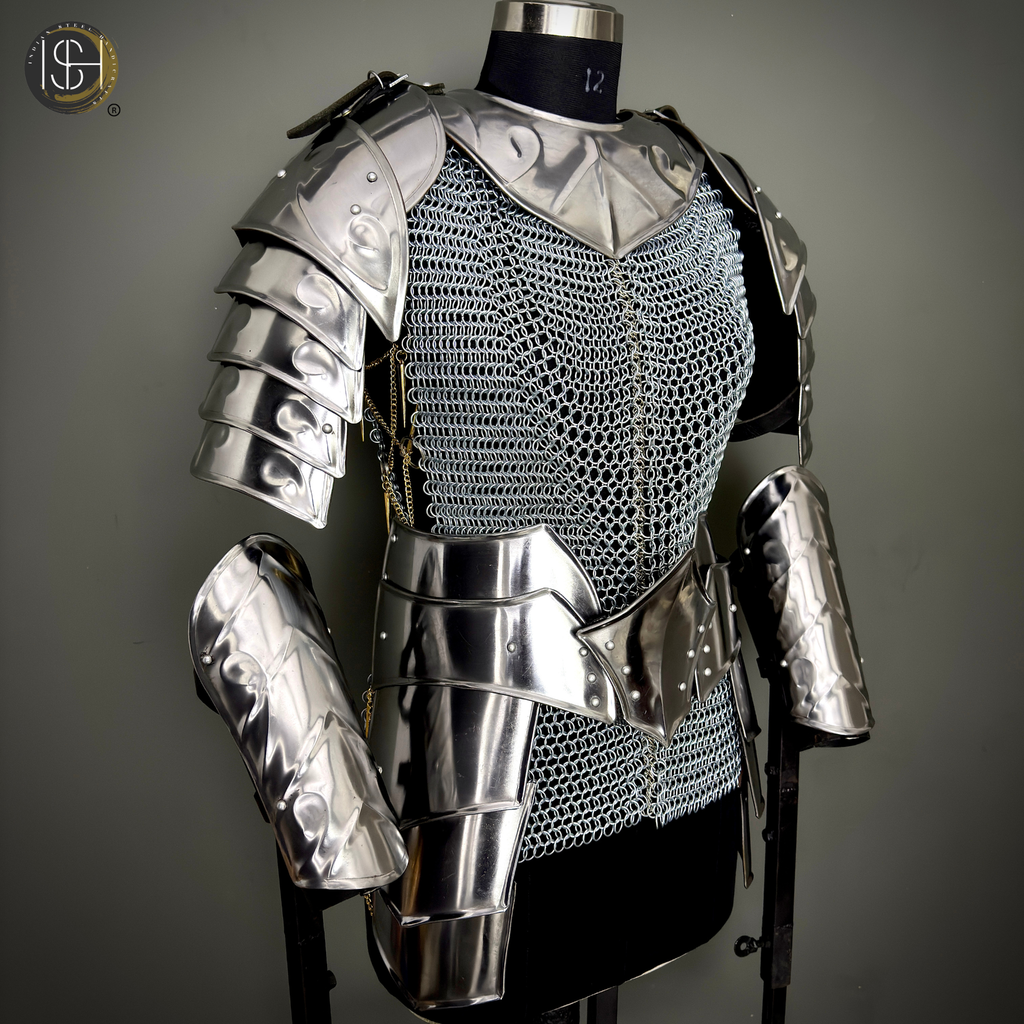 Handcrafted Steel Chainmail Armor Set – Knight’s Hauberk with Pauldrons & Arm Guards for Cosplay & LARP