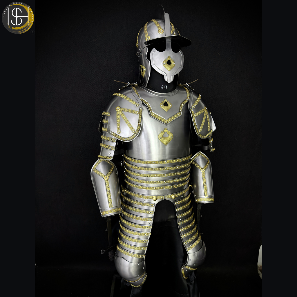 Handcrafted Steel Knight Armor Set ⚔️✨ – Full Medieval Suit with Gold Accents | LARP Gear | Cosplay Costume | Renaissance Collectible 🛡️🏰