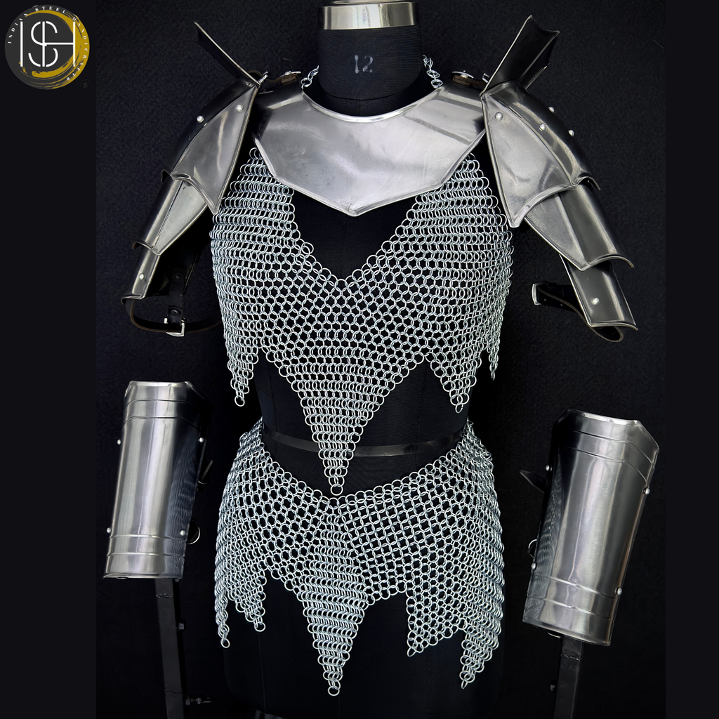 Handcrafted Medieval Steel Chainmail Armor Set – Includes Gorget, Pauldrons, Arm Guards & Leg Protection for Warrior Costumes