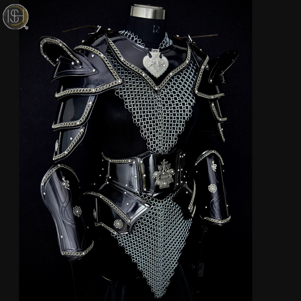 Women's Medieval Black Steel Armor Set with Chainmail Shoulders – Female Knight Costume, LARP Warrior Armor, Renaissance Battle Gear, Fantasy Cosplay Outfit