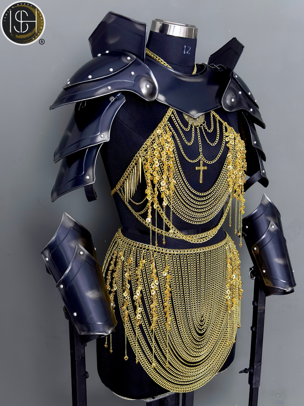 Knight Steel Armor Set – Medieval LARP Costume with Gold Chainmail Drape & Battle Ready Armor