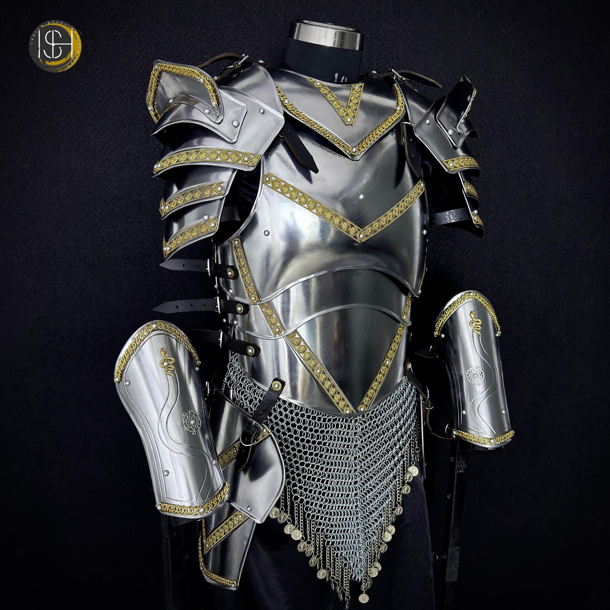 Full Body Medieval Knight Armor Suit – Gothic Steel Plate Armor with Gold Trim, LARP, Cosplay, Renaissance Costume