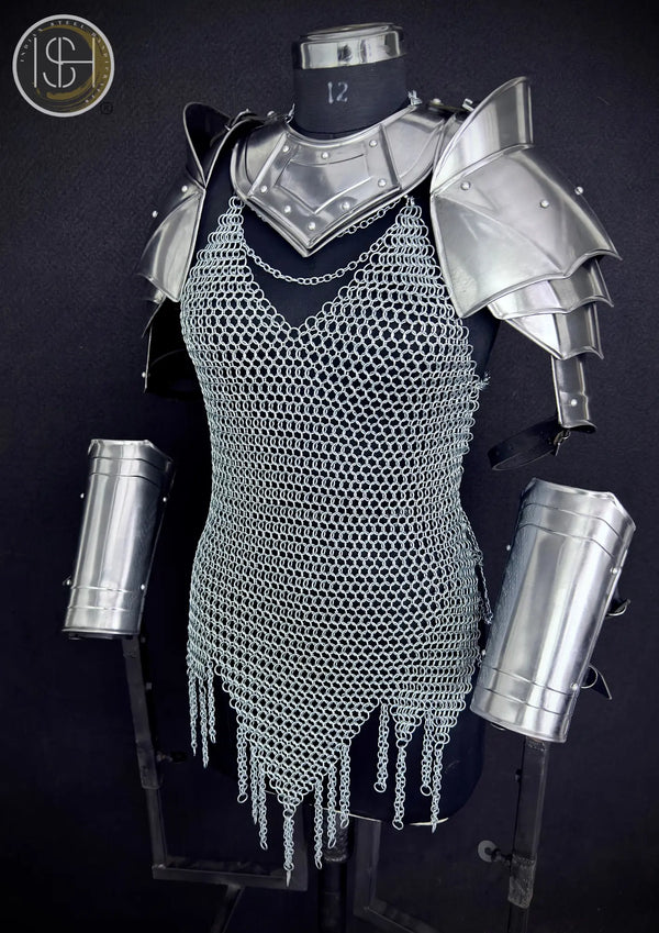 Medieval Women’s Steel Cuirass Armor Set – Chainmail, Gorget, Pauldrons & Bracers | LARP, Cosplay, SCA⚔️ ISH Collection
