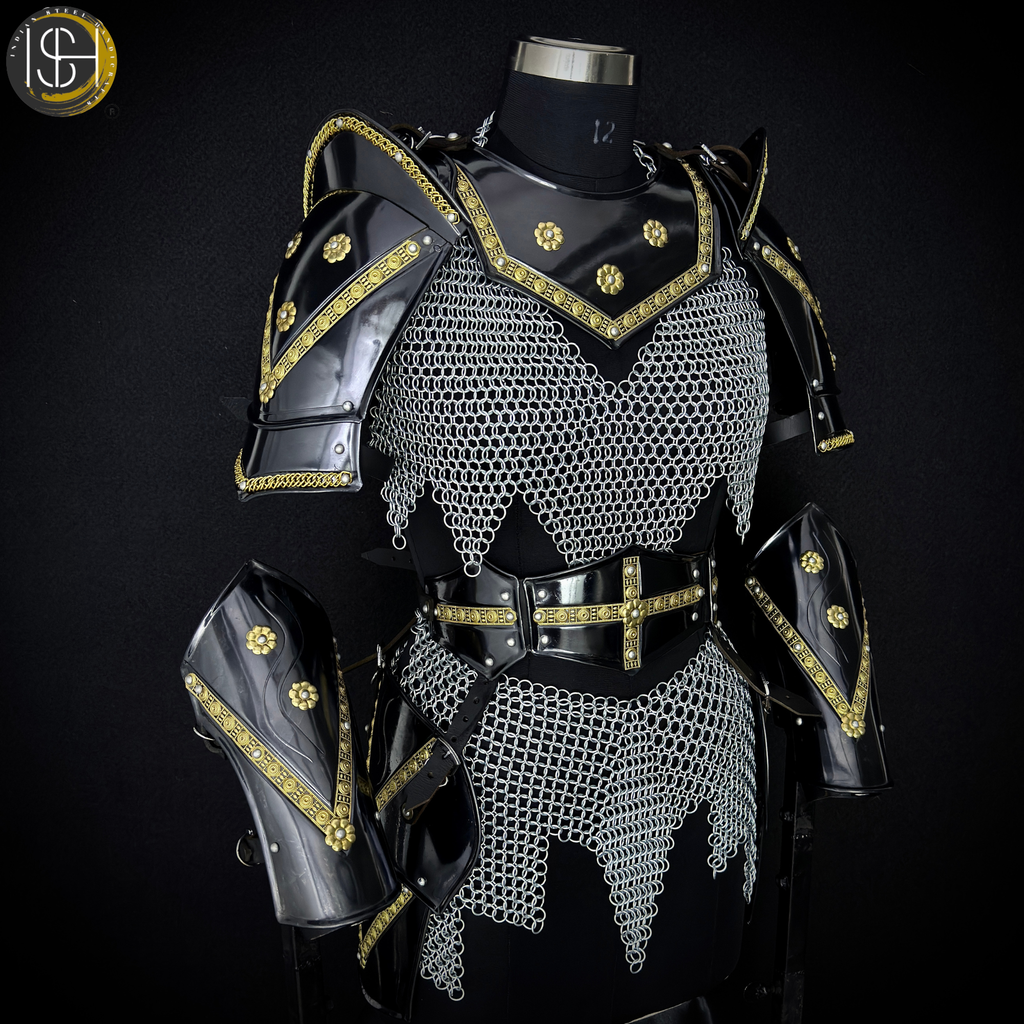 🖤✨ Black & Gold Medieval Knight Armor Set | Full Body Steel Chainmail Suit | Fantasy Warrior Cosplay, LARP & Reenactment Gear ⚔️🛡️