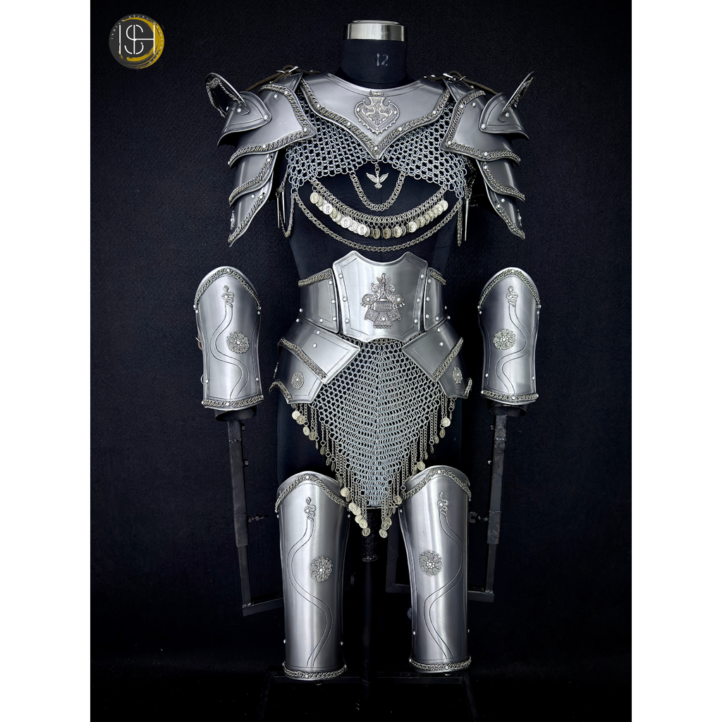 Medieval Women’s Steel Armor Set – Chainmail Skirt Lady Knight Costume.