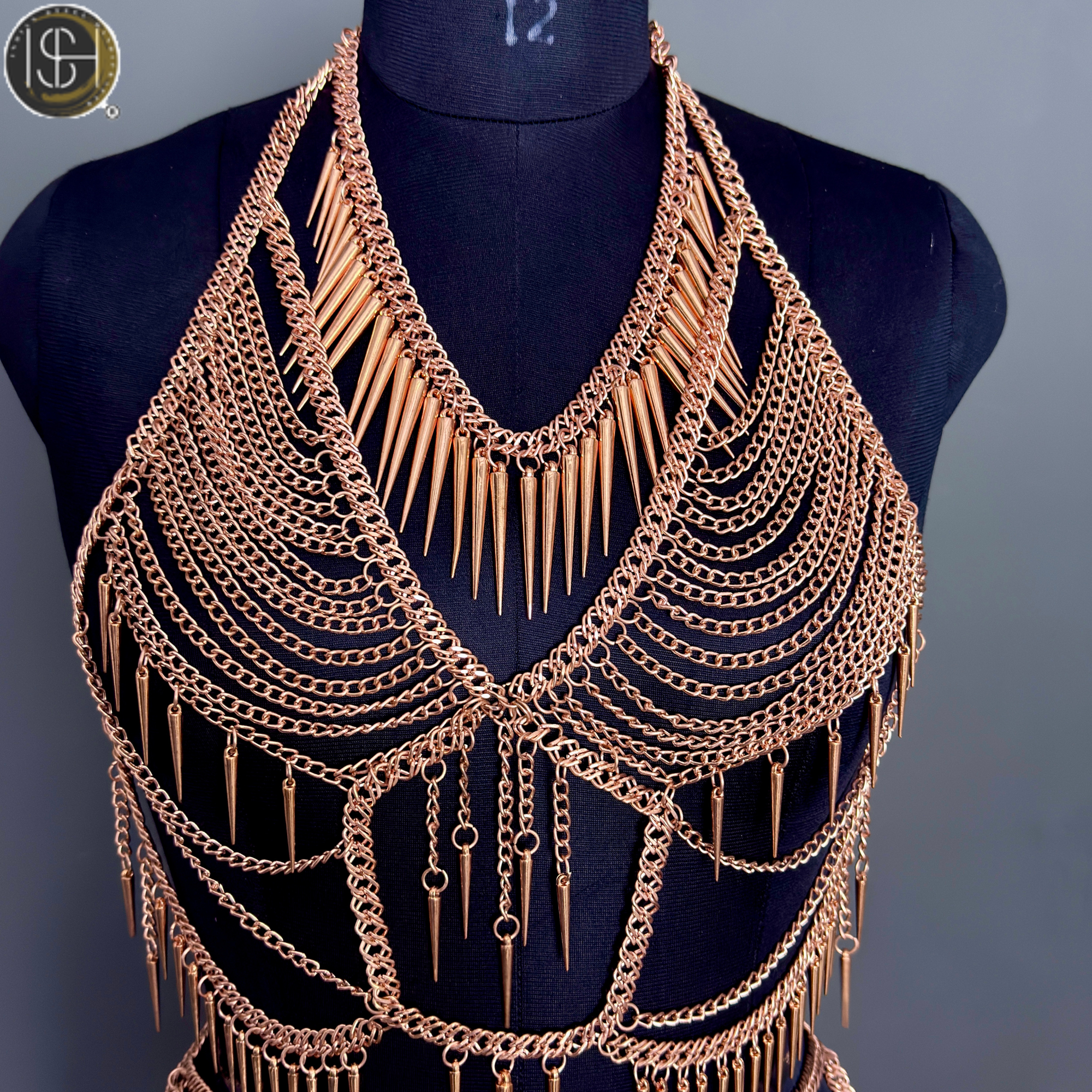 Women’s Gold Chain Body Armor Set – Fantasy Goddess Harness & Chain Skirt | Gothic & Festival Wear