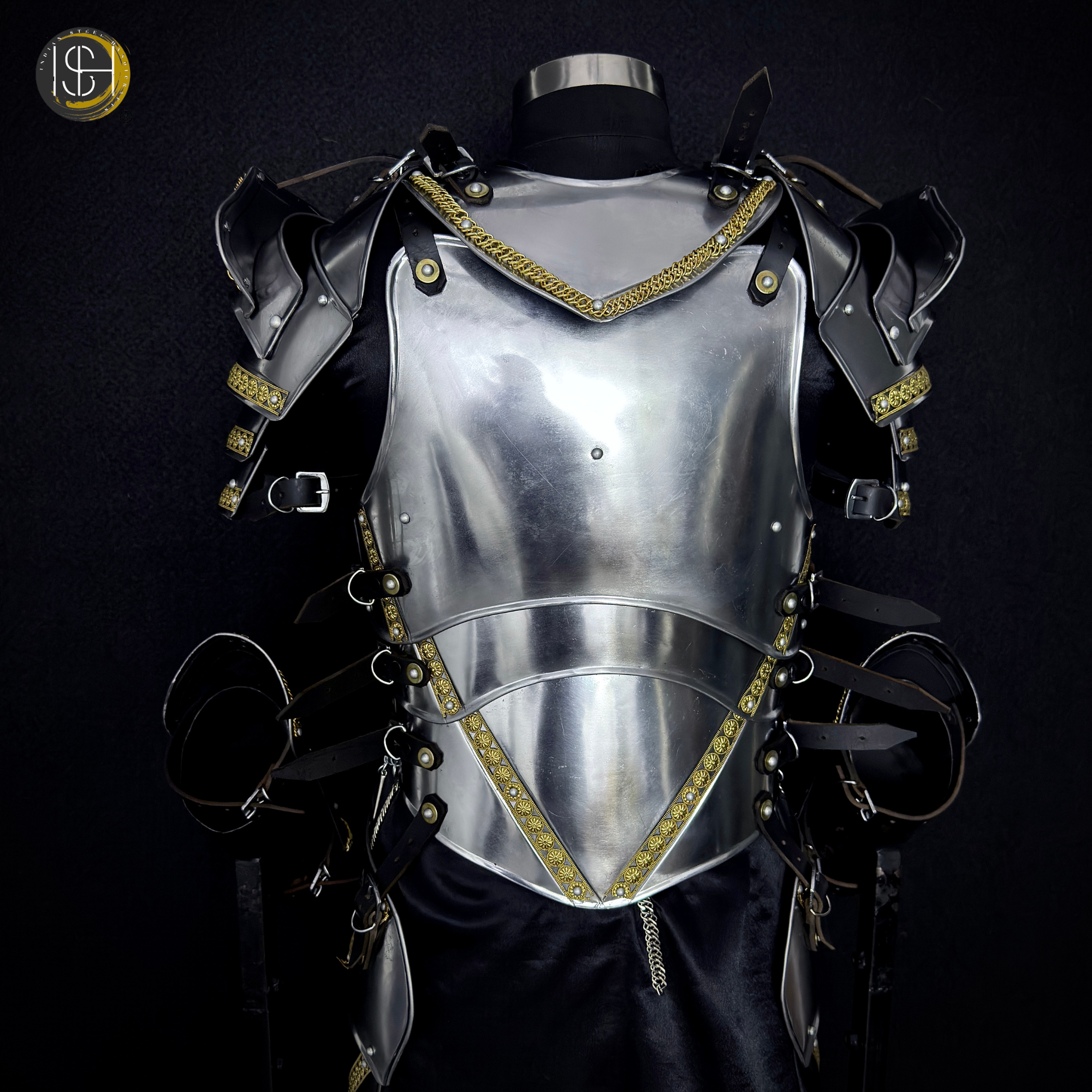 Full Body Medieval Knight Armor Suit – Gothic Steel Plate Armor with Gold Trim, LARP, Cosplay, Renaissance Costume