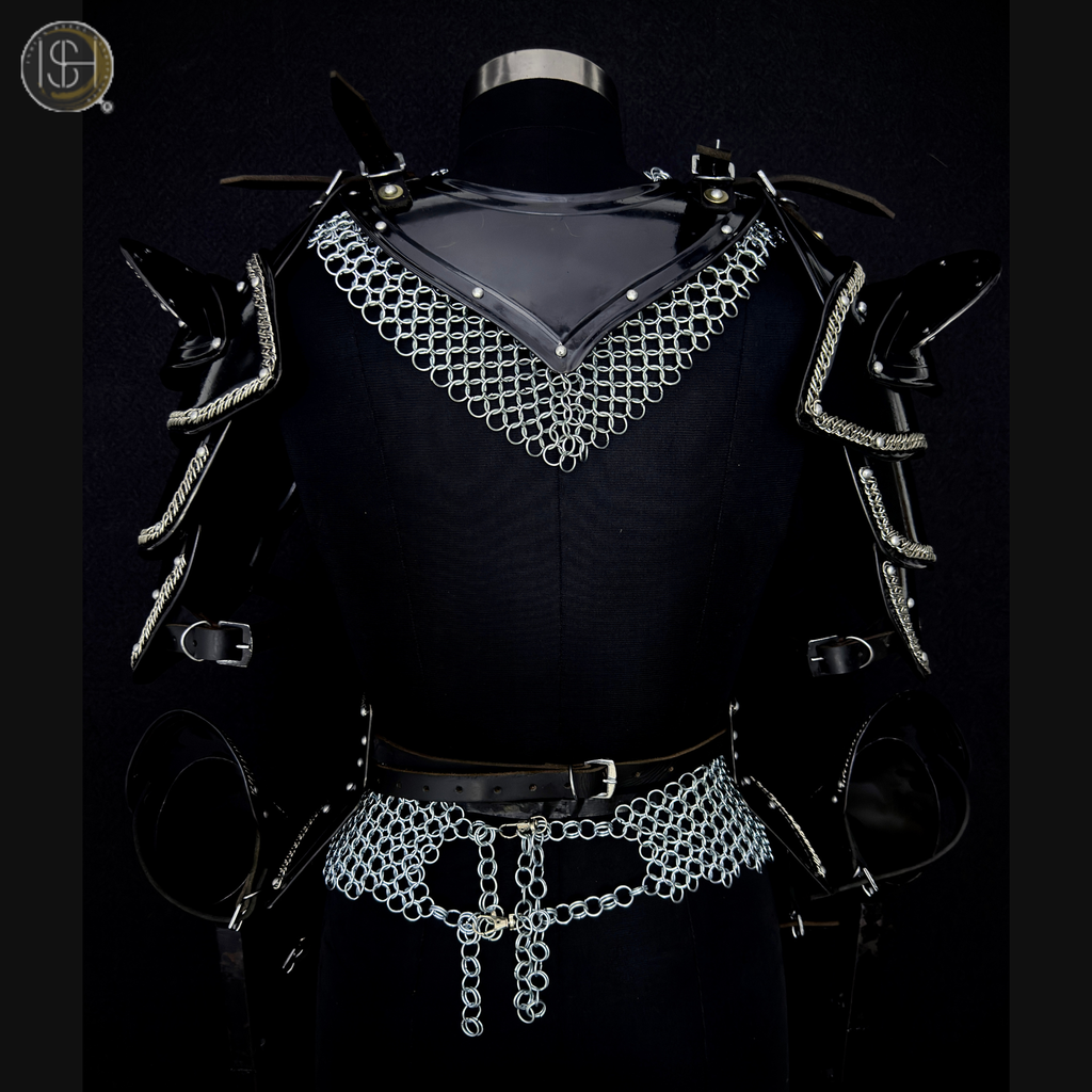 Women's Medieval Black Steel Armor Set with Chainmail Shoulders – Female Knight Costume, LARP Warrior Armor, Renaissance Battle Gear, Fantasy Cosplay Outfit
