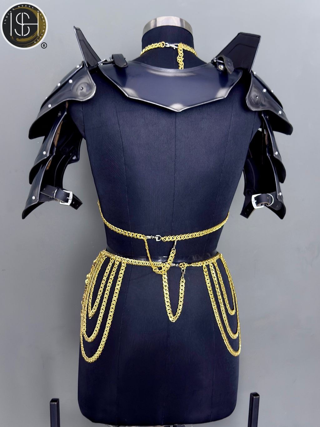 Knight Steel Armor Set – Medieval LARP Costume with Gold Chainmail Drape & Battle Ready Armor