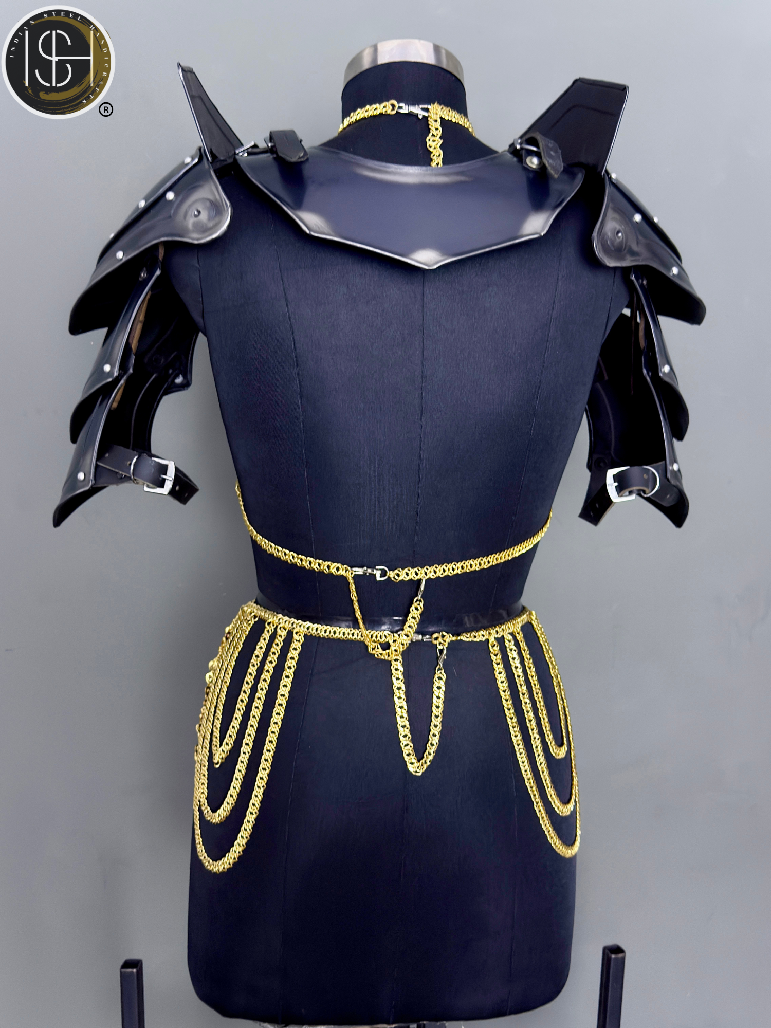 Knight Steel Armor Set – Medieval LARP Costume with Gold Chainmail Drape & Battle Ready Armor