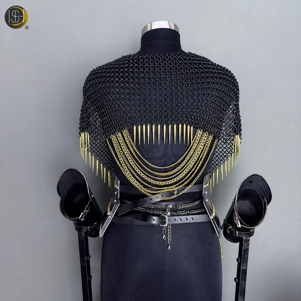 Black Gold Chainmail Armor – Medieval Knight Warrior Steel Armor Costume, LARP Outfit, Renaissance Festival Cosplay Armor, Viking Knight Costume, Halloween, Medieval Armor Suit, Handmade Steel Chainmail Gear