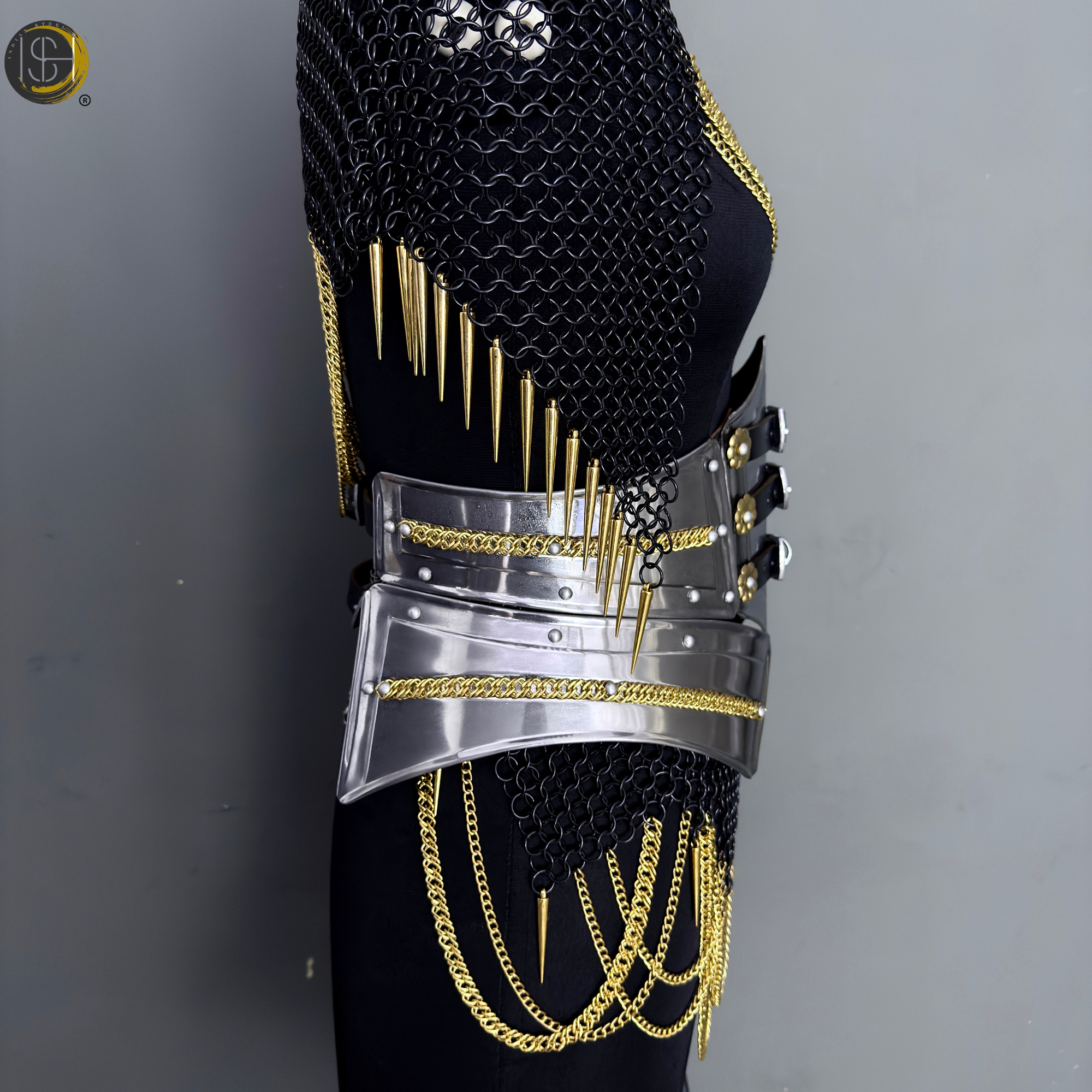 Black Gold Chainmail Armor – Medieval Knight Warrior Steel Armor Costume, LARP Outfit, Renaissance Festival Cosplay Armor, Viking Knight Costume, Halloween, Medieval Armor Suit, Handmade Steel Chainmail Gear